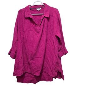 Leota 2X Hot Pink 100% Cotton Button Up Tunic Shirt Roll Tab Sleeve